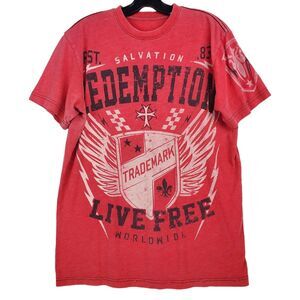 RAW STATE Premium Shirt Mens Medium Red REDEMPTION LIVE FREE Spell Out Athletic